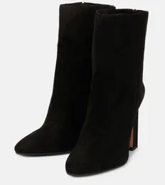 أعلى 2024S/ شتاء المصمم الجلدي Aquazzura Manzoni Bootie Black Gray Brown Suede Woman Bootie Play Play Mid Calf Block Ender 35-43