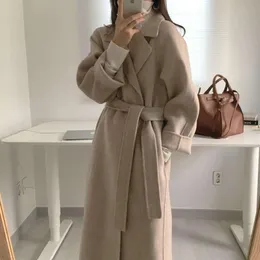 Women Elegant Long Wool Coat with Belt Solid Color Sleeve Chic Outerwear Autumn Winter Ladies Overcoat m a c