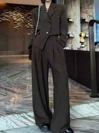 Blazer Suit Women Two Piece Sets Outefits 가을 불규칙 코트 넓은 다리 바지 사무실 착용 한국 스타일 패션 231228