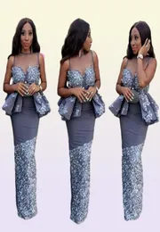 2019 Newest Fashion Shine African Evening Dresses Nigerian Styles Sheer Neck Peplum Floor Length Mermaid Prom Party Gowns4583970