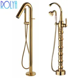 Faucets Rolya Luxurious Golden Free Standing Bathtub Faucet Bath Spout Shower Diverter Floor Mounted Bathtub Filler Mixer Taps Shower Fauc