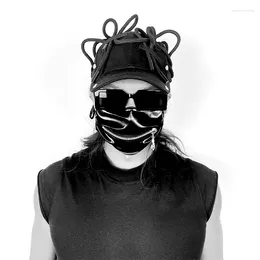 Berretti Cappello con visiera nero Hip Hop stile avanguardia scuro Techwear fasciatura con coulisse