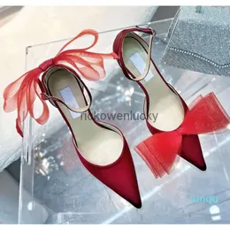 JC Jimmynessity Choo high quality rose shoes 2023r pink high-heeled sandals vamp heel cross big bow fluorescent vamp open toes strap shoe box size 35