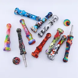 3D Transfer Printing Silicone Smoking Pipe Nectar Collector Kit With 14mm Titanium Quartz Nail Tip Multiple Colors NC Tobacco Hand Pipes Dab Oil Rigs