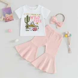 Zestawy odzieży małe dziewczynka letnia ubrania w zachodnim krótkim rękawie T-shirt górne żebrowane spodnie opaski na głowę strój 3PCS