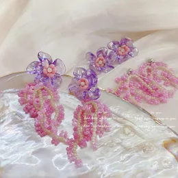 Orecchini pendenti Design originale Fiore viola rosa Perline di cristallo Fatti a mano Lunga goccia Gioielli per orecchie in stile vacanza