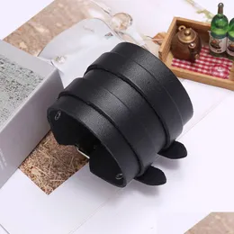 Bangle Double Pin Buckle Belt Couro Cuff Preto Ampla Pulseira Ajustável Pulseira Para Homens Mulheres Moda Jóias Presente Drop Delivery DHP7V