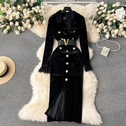 Autumn Elegant V-Neck Velvet Dress Women's Long Sleeved Fashion Instrument Button Split Body Office Party Pencil Vest 231230