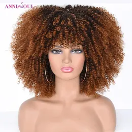 Pruiken Synthetisch Ombre Bruin Zwart Kort Gekruld Afro Pruik Afrikaans Lijmloos Natuurlijk Cosplay Dames Pruik Hittebestendig Annisoul