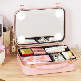 Large Capacity Cosmetic Bag with LED Mirror Skin Care Travel Storage Box Fashion Portable Makeup Bags for Women 231229