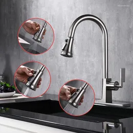 Küchenarmaturen, originelles Design, ausziehbarer Waschbecken-Wasserhahn aus Messing mit 3-Funktions-Spray, hochwertiger Mixer, gebürstet/Chrom