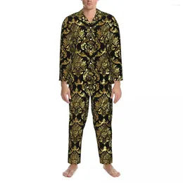 Herren-Nachtwäsche, Damast-Blumen-Pyjama, Herren, Schwarz und Gold, schöne Schlaf-Nachtwäsche, Herbst, 2-teiliges lässiges Oversize-Design-Set