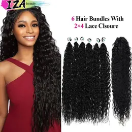 Pack IZA Synthetic Kinky Curly Hair Bundles With Lace Closure Ombre Blonde Long Curly Organic Hair 28/30/32Inch 6PCS With 2*4 Closure