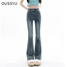 Kvinnor Jeans Cotton Denim Fleared Pants Elastic Force Vintage Streetwear High midja Slim Mom Harajuku byxor plus längd 231229