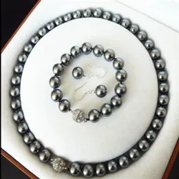 Mão atada lindo 8mm concha preta colar de pérolas 45cm pulseira 19cm brincos conjunto 2 conjuntos de joias da moda201C