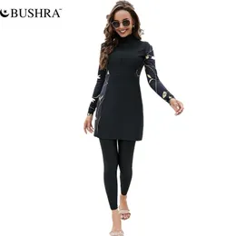 Set bushra kvinnor muslimska badkläder kostym strand burkini blygsam twopiece set maillot de bain plus size full svart lång ärm elasticitet