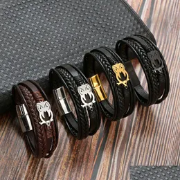 Kedja punk rostfritt stål uggla charm armband herr titan magnet spänne läder flätad droppleverans smycken armband dhljp