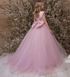 Mädchenkleider Elegantes Blumenkleid mit Tüllapplikationen für die Hochzeit, rückenfrei, flauschig mit Schleife, rosafarbenes Kind, erste Eucharistie-Geburtstagsfeier