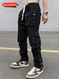 Pants High Street Black Breasted Casual Men's Pants Vibe Hip Hop Baggy Spliced Straight Tube Functional Harajuku Streetwar Cargo Pants