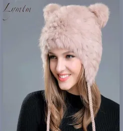 Adorável urso orelha crânios gorros genuíno rex pele de coelho tecido malha chapéus inverno quente macio sólido bonés neve chapéu feminino 2112233111435