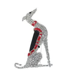 10 peças 63mm broche de cão galgo pin transparente strass tom de prata broches de esmalte preto e vermelho moda animal joias296s