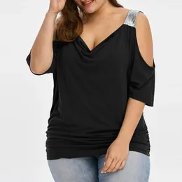 Shirts Sexy Cold Shoulder Tshirts Women Plus Size 5xl V Neck Short Sleeve T Shirts Women Loose Offshoulder Bling Tshirt Casual Tops 2