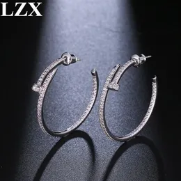 LZX New Trendy Big Round Loop Earring White Gold Color Luxury Cubic Zirconia Paved Hoop Earrings For Women Fashion Jewelry173J