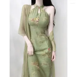 Abbigliamento etnico Pmwrun Abito verde con scollo all'americana Figlio Estate Antico Cheongsam Ragazza Eleganza Temperamento di stile cinese da donna