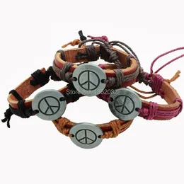 Bangle Lots 12PCS Men Women's Handmade Leather Bracelets Peace Sign Friendship Bracelets Wholesale MB38