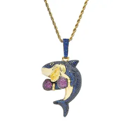 Moda boxe tubarão diamantes pingente colares para homens mulheres azul luxo dos desenhos animados animal pingentes 18k banhado a ouro cobre zircão je226o