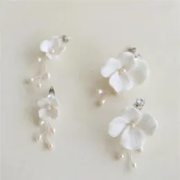 White Ceramic Flower Earrings Wedding Bridal Jewelry Set Freshwater Pearls Flowers Floral Earring Fashion Charm Dropping Long Drop302y