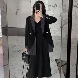 Women's Suits Colorblock Female Coats And Jackets Blazers Black Clothing Loose Striped Over Outerwear Long Jacket Dress High Quality