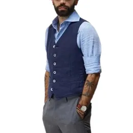 Vests Navy Blue Cotton Linen Vest For Men Vneck Waistcoat Jacket Casual Vest Wedding Groosmen Male Groom Wear Clothing Man Waistcoat