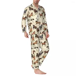 Homens sleepwear pôr do sol cavalo pijama conjuntos outono animal impressão bonito macio diário homens duas peças estética oversized nightwear presente de aniversário