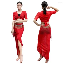 Work Dresses #9835 Sexy Top Cardigan Short-sleeve V-neck Slim High Waist Scarf Skirts With Leggings Women Belly Dance Clothes Set See