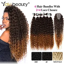 Pack Synthetic Kinky Curly Hair Bundles 6PCS With 1 PC Lace Closure 28/30/32inch Black Brown Blond Hair Bundles Organic Fiber Hair