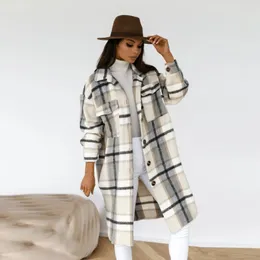 Winter Women's Coat Long Sleeve Plaid Print Button Open Front Long Cardigan Outerwear 231229