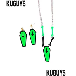 Pendant Necklaces Halloween Horror Jewelry Set Acrylic Neon Green Coffin Bone Drop Earrings Necklace Trendy Accessories3740888 Deliv Dhiym