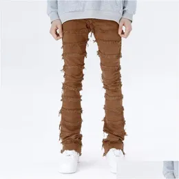 Jeans da uomo Pantaloni svasati retrowork Pantaloni lunghi strappati impilati selvaggi Grunge Dritti Y2K Baggy lavati sbiaditi per uomo Consegna drop Dhop3