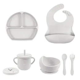 5PCS Baby Silicone Dishes For Kids Feeding Set Sucker Bowl Dishes Cup Bibs Spoon Fork Safe Dining Plate Tableware Baby Items 231229