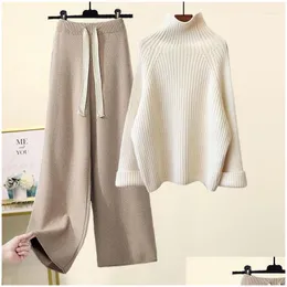Dwuczęściowe spodnie kobiety jesienne zima zima dla dzianiny set Turtleeck długi rękaw stały sweter SWETER SWEAT Casual szerokopasmowe spodnie dhsqb
