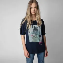 23 Zomer Nieuwe Franse Niche Zadig Voltaire2024 Meisjes Witte Inkt Digitale Print Hot Diamond Patchwork Gebogen Los T-shirt met korte mouwen