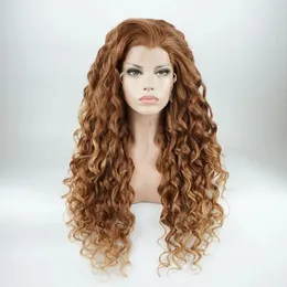 Perücken Iwona Hair Curly Long Two Tone Auburn Root Honey Blonde Ombre Wig 18#30/27HR Half Hand Tied Heat Resistance Synthetic Lace Front Wi