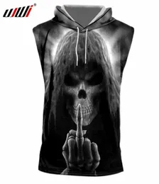 2018 Summer Tanks Men039s Cool Print Death Skull 3D Tank z Hood Man Hiphop Sleveless Blue