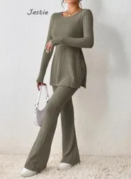 Pit Stripe Knit Flare Pant Set Slim Pullover a maniche lunghe Magliette in due pezzi per le donne Solid Simple Sweatershirt Suit Home 231229