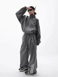 Y2K Gorpcore Pant Set Women Streetwear Vintage 90s Two Piece Set Overdimensionerad träningsdräkt Wide Leg Track Pants Hip Hop Jacket 231229