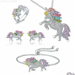 Collana, bracciale, orecchini, collana, collana, cristallo, unicorno, set di gioielli, carino, arcobaleno, cavallo, oro, argento, anelli di colore per le donne, ragazze, regalo Dr