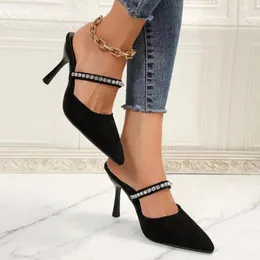 Sandals Big Size 42 Pointed Toe High Heels Women Shoes Summer Rhinestone One-strap Half Slippers Stiletto Women's Modern
