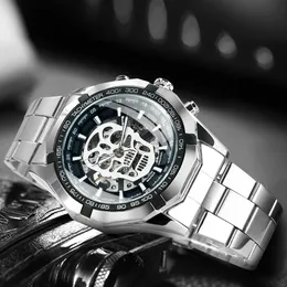 Descansa vencedor esportes esqueleto relógio masculino moda crânio luminoso dial sier pulseira de aço inoxidável militar relógios mecânicos automáticos