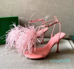 WholesaleTop Luxury designer women high heel sandals ostrich hair word classic non-slip bottom candy color